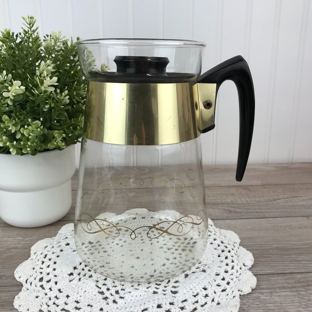 Vintage Pyrex Glass Coffee Carafe with Mid-Century Modern Gold Scroll Pattern
